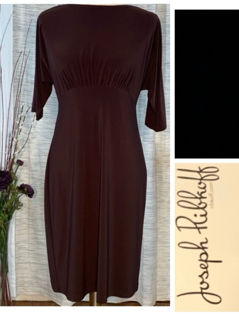 Joseph Ribkoff solid brown 3/4 sleeve pullover A-line dress.